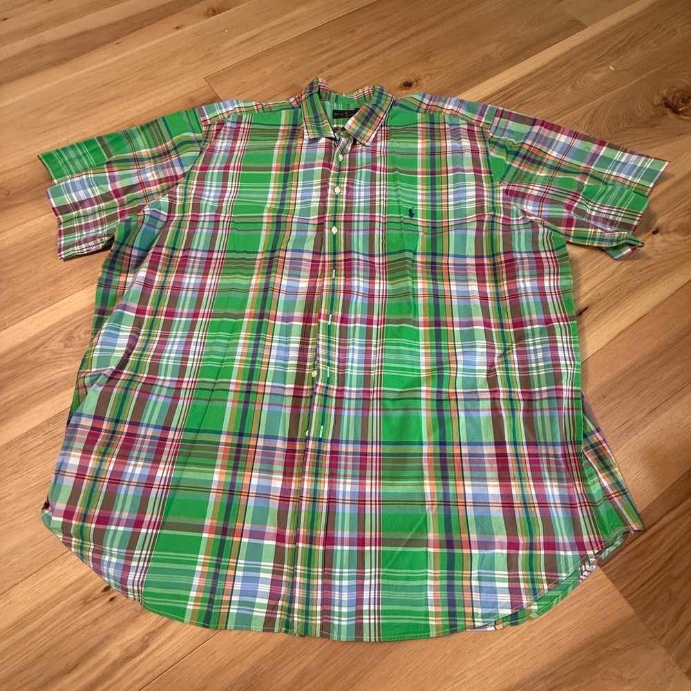 Ralph Lauren Button Down Shirt Mens 4XLT Green Plaid Short Sleeve Big & Tall